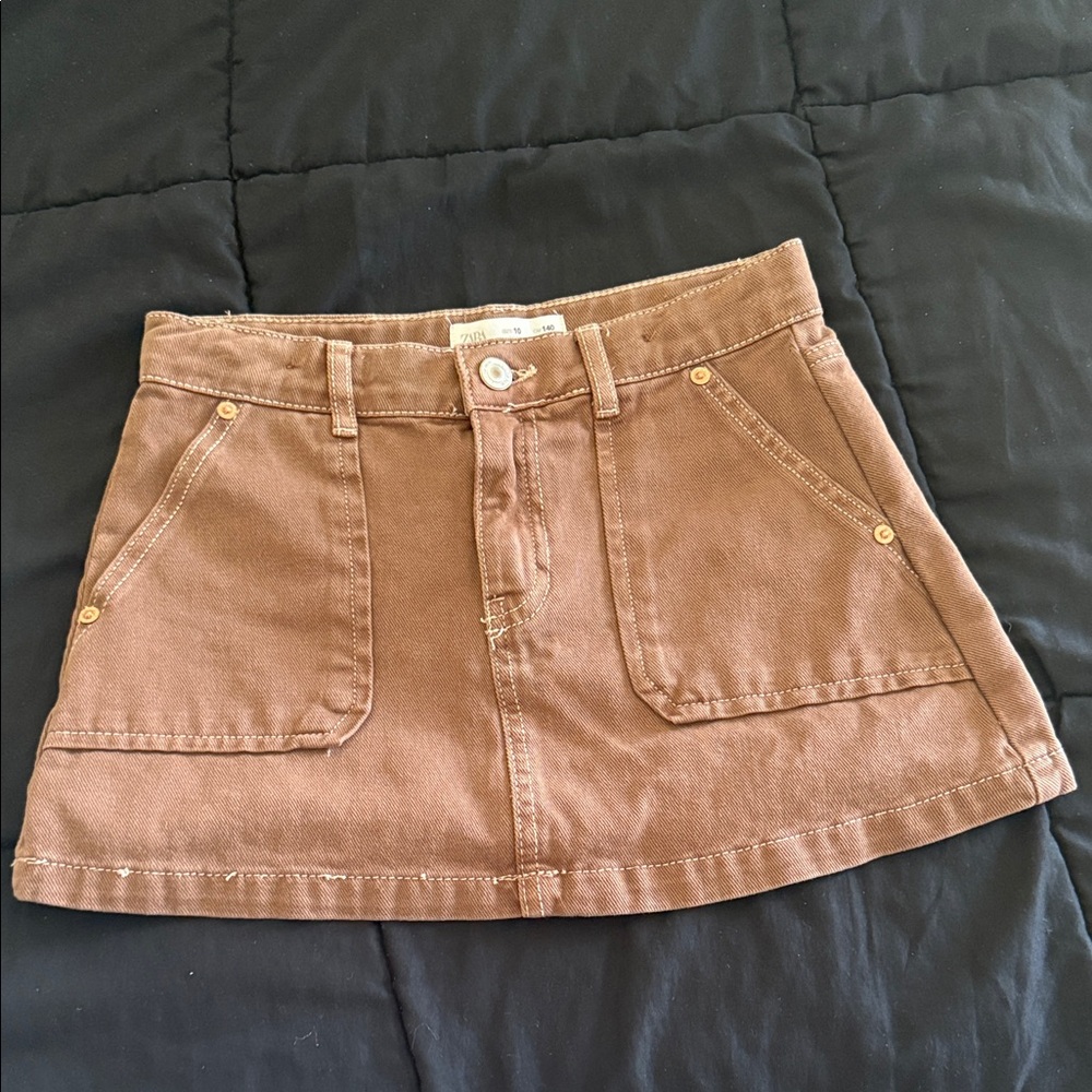 Zara Brown Denim adjustable waist Girls Mini Skirt Sz 10